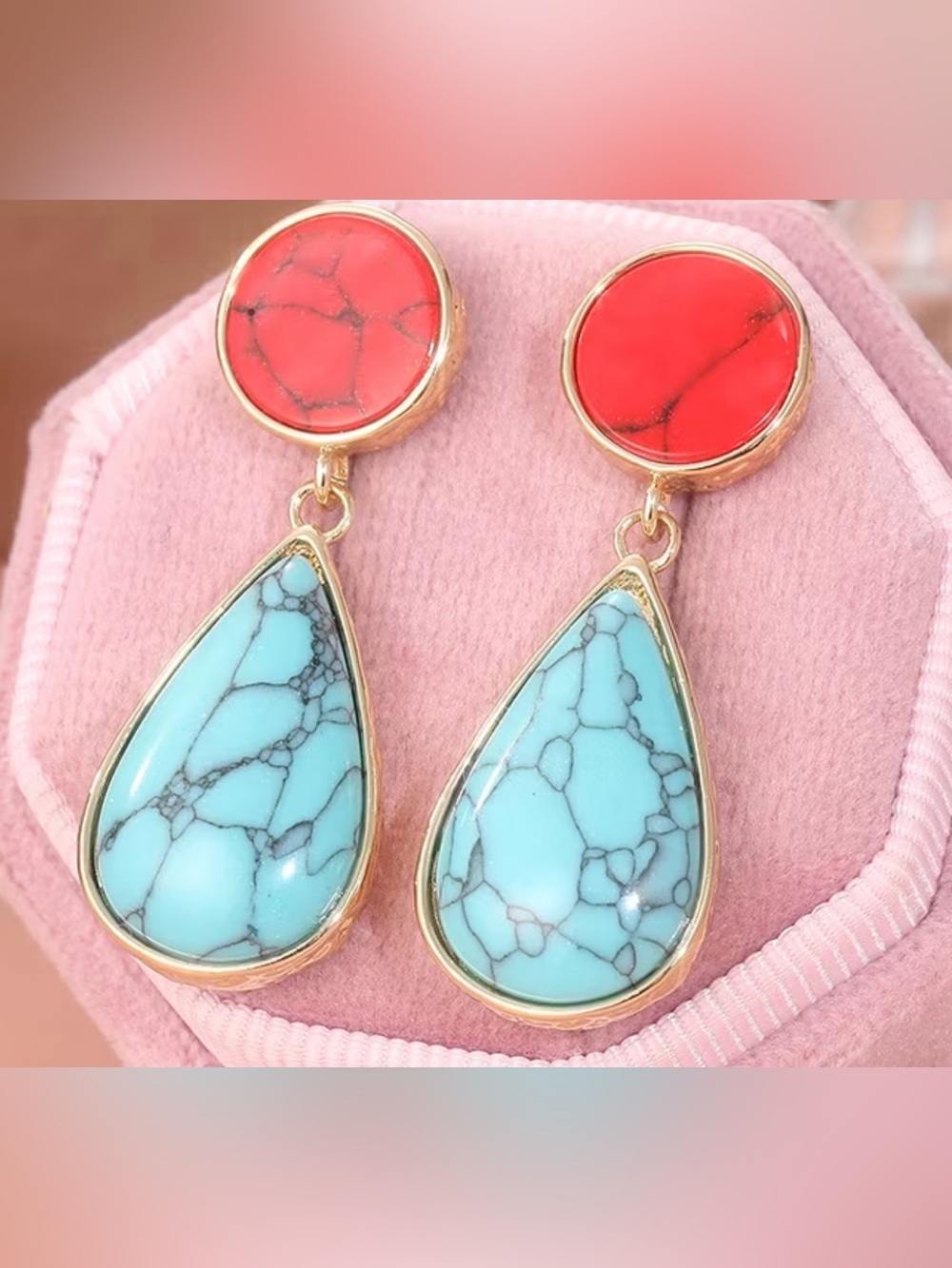 Gold-Tone Turquoise Teardrop & Red Stone Drop Earrings